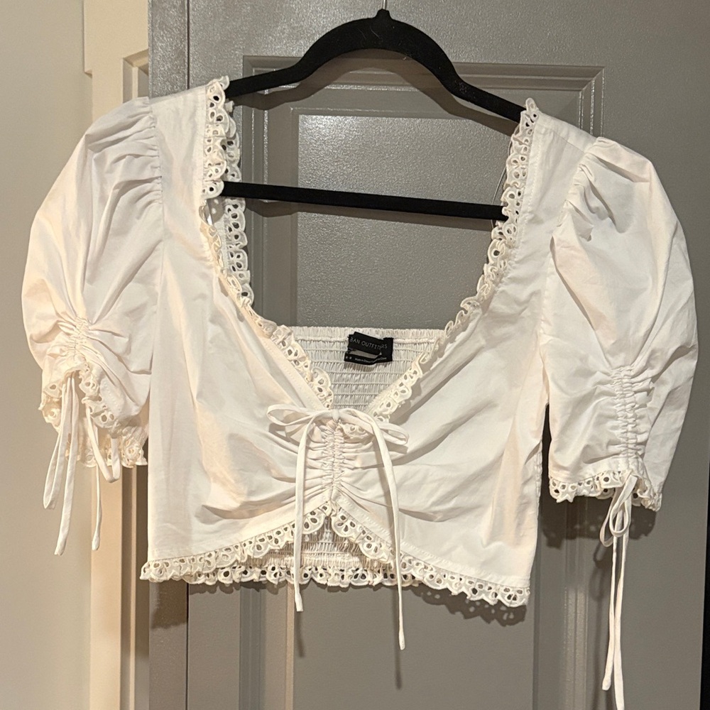 Smocked Back White Eyelet Tie-Front Puff Sleeve Top